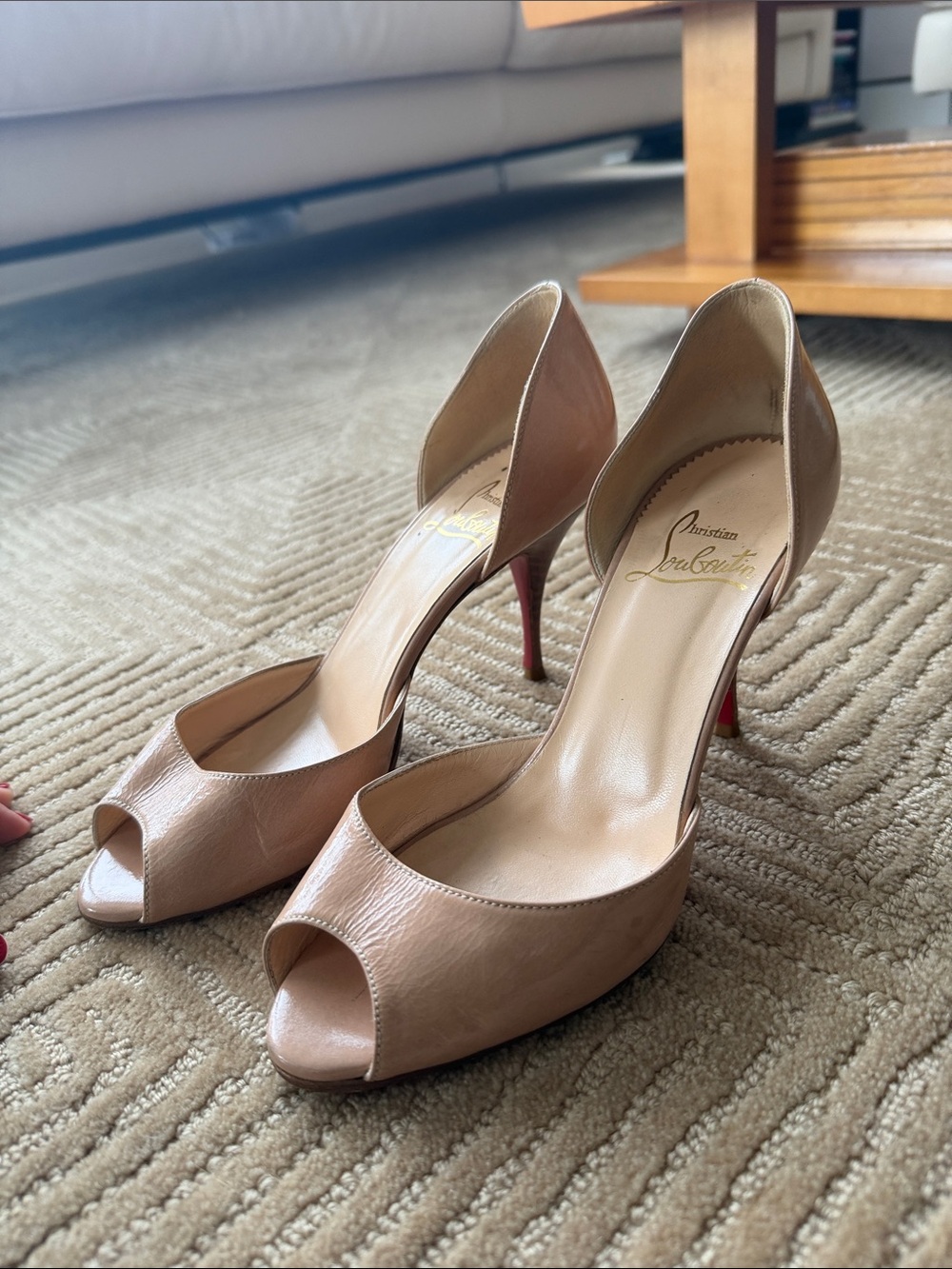 Christian Louboutin Nude/Tan Open-Toe Leather Pumps with Red Sole